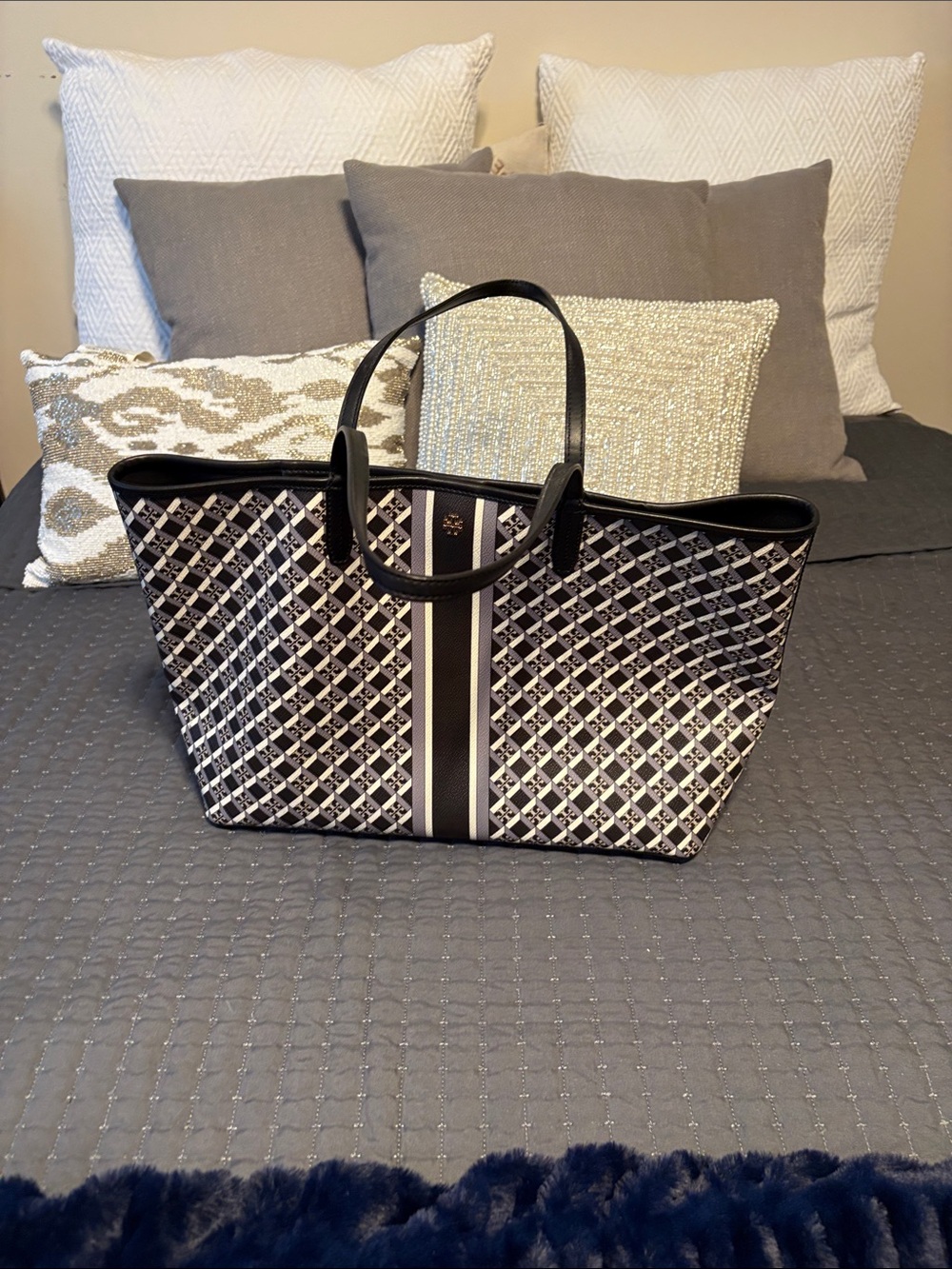 Tory Burch Black and White Logo-Print Tote